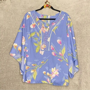 Ny Collection XL Top Shirt Blue Pink Floral Embellished V Neck Elbow Sleeve